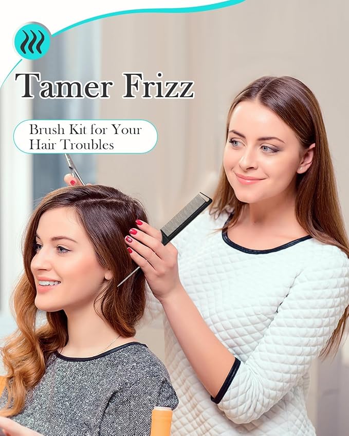 Peach Wood Boar Bristle Slick Back Hair Brush & Rat Tail Comb Set - Controls Frizz, Smooths Flyaways, Restores Shine - Creates Sleek Ponytails, Buns & Edge Control, Teasing for Women & Kids