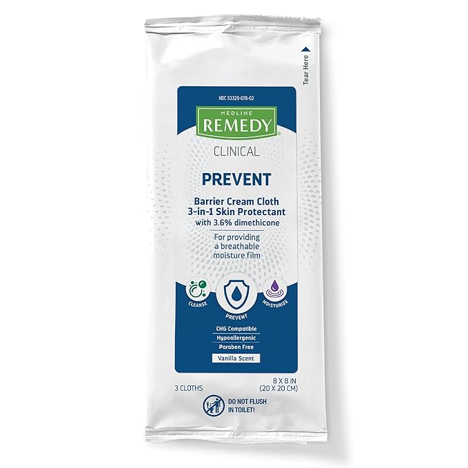 Medline Remedy Clinical 3-in-1 Barrier Cream Cloth, 3 count (45 Packs), 8 x 8 in Adult Wet Wipes, Vanilla Scent, Incontinent Care, Dimethicone, Irritated Skin, Soothing, Nourishing, Gentle