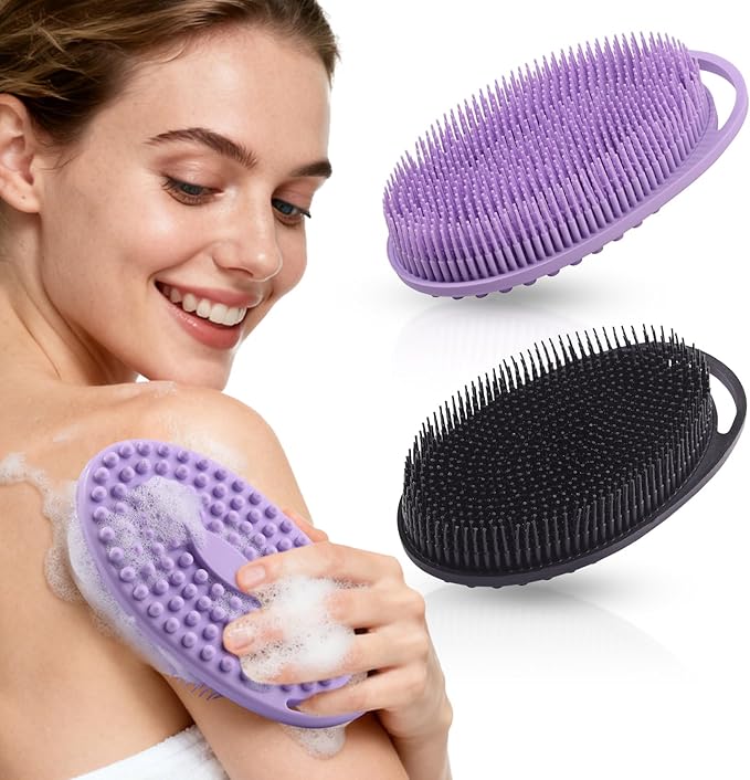 2 Pack Silicone Body Scrubber, Exfoliating Silicone Shower Scrubber for Body, Gentle 2 in 1 Silicone Loofah Alternative for Women Men, Dual-Sided Soft Bath Scrubber for All Skin, Black+Purple