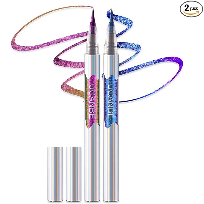 UCANBE Chameleon Liquid Eyeliner - Purple Blue Duo, Multi-Chrome Metallic Shift Eyeliner, Waterproof Glitter Eyeliner with Soft Fine Tip for Multi-Dimensional Eye Looks