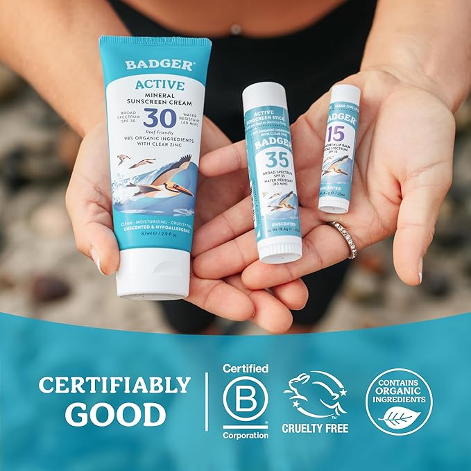 Badger Mineral Sunscreen Combo, SPF 30 Cream & SPF 35 Face Stick, Organic Ingredient with Mineral Zinc Oxide, Unscented Reef Safe Sunscreen Set, Broad Spectrum, Water Resistant, 2-Count