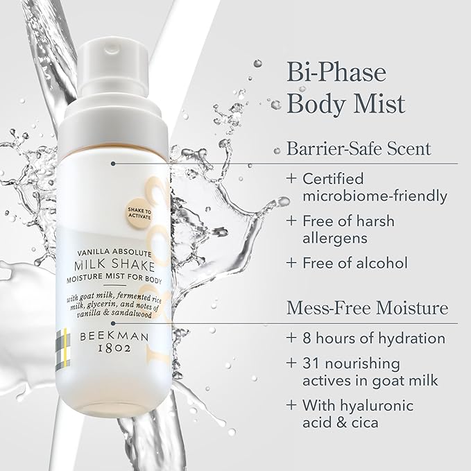 Beekman 1802 Milk Shake Hydrating Body Mist – Alcohol-Free Moisture with Goat Milk, Hyaluronic Acid & Squalane, Lightweight Skin Softening Spray for Sensitive Skin – Vanilla Absolute, 2 Fl Oz