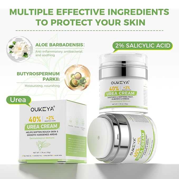 OUKEYA 40 Percent Urea Foot Cream,with Salicylic Acid,Tea Tree Oi & Ceramides,Cracked Heel Smooth | Dry Skin Exfoliator | Nourishes | For Foot,Hands, Elbows, Knees