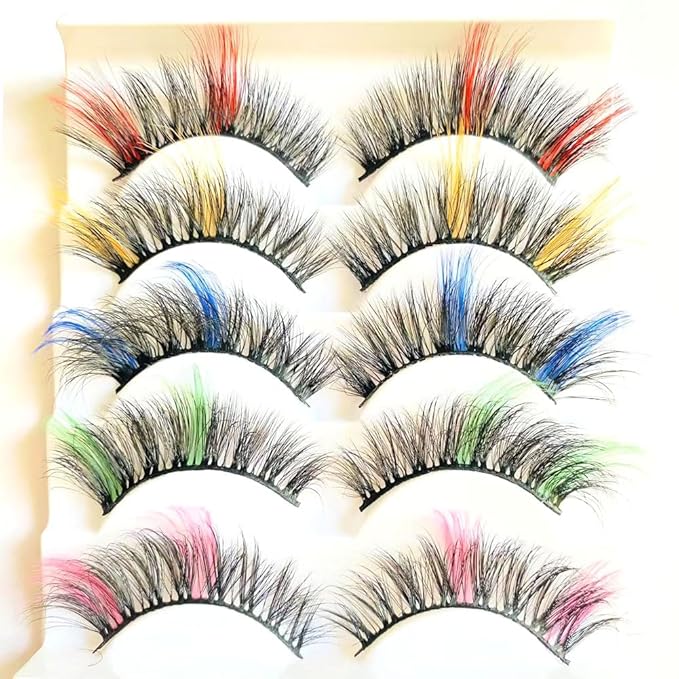 Sunniess Ombre Colored Lashes Silk Protein Fluffy Wispy Volume Fake Lashes for Halloweens Cosplay Party Stage Russian D Curl Lashes with Color Make up Faux Mink False Eyelashes