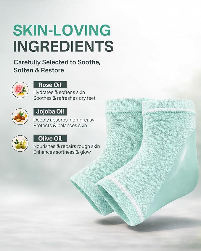 Moisturizing Socks, 100% Cotton Heel Socks for Dry Cracked Feet Women, Cracked Heel Treatment Silicone Heel Socks, Breathable Hydrating Gel Heel Protectors for Repair, Spa & Daily Use, 2 Pairs Green