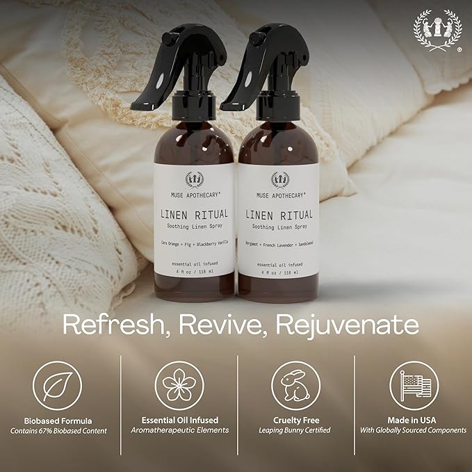 Muse Apothecary Linen Ritual - Aromatic, Soothing, and Relaxing Linen Mist, Laundry and Fabric Spray - Infused with Aromatherapy Essential Oils - 8 oz, Tonka Bean + Amber + Warm Cedarwood