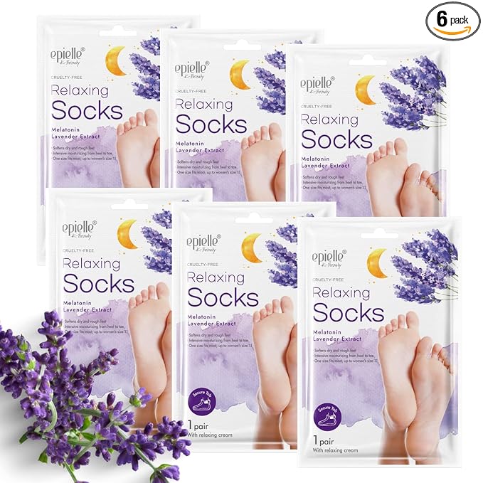 Epielle Relaxing Foot Mask 6 Pairs, Soften and Restore with Melatonin & Lavender Extract, Deep Moisturizing Socks for Dry, Cracked Feet, Self Care Gifts for Women, Spa Kit, Mothers Day Gifts