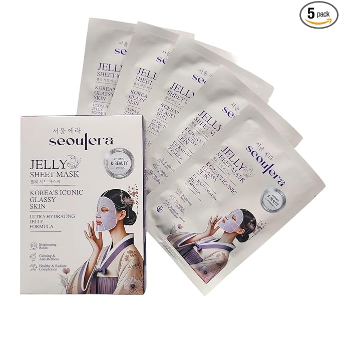 Korean Jelly Sheet Mask, Brightening & Calming Glow, Anti-Redness Hydration for Sensitive Skin, 5 Pack