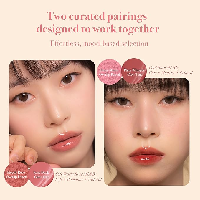 Epielle x herg Over Lip Glow Duo Lip Liner & Lip Tint, Soft Sculpting and Non-Sticky Glass Shine Korean Lip Liner Set, Moody Rose & Rosy Dusk