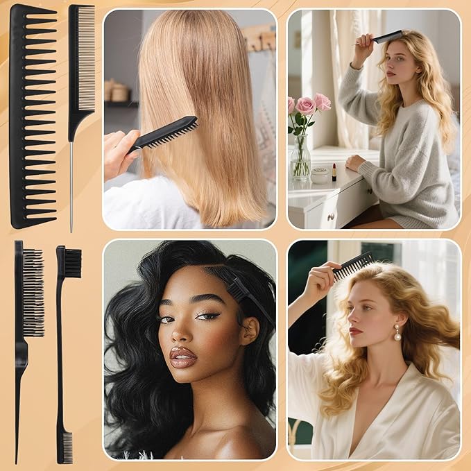 6PCS Boar Bristle Slick Back Hair Brush with Edge Brush Rat Tail Comb, Wide Tooth Comb for Men Women