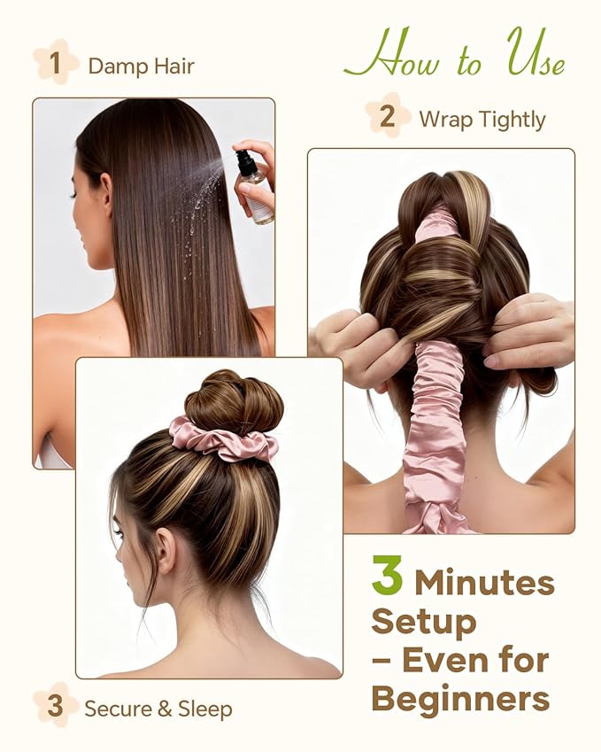 BONNET QUEEN Satin Heatless Hair Curler, Overnight Curls for Long Hair, Ultra Soft Daily Use of Hair Accessories & 2 Scrunchies, Damage-Free Styling, Soft Hair Curlers for Overnight, Rose Gold