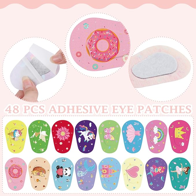 Timgle 48 Pcs Adhesive Eye Patches for Kids Girls 16 Styles Toddler Eye Patches Bulk Latex Free Light Blocking Fun Cute Designs Cotton Adhesive Bandages for Kids Toddler Girls Boys