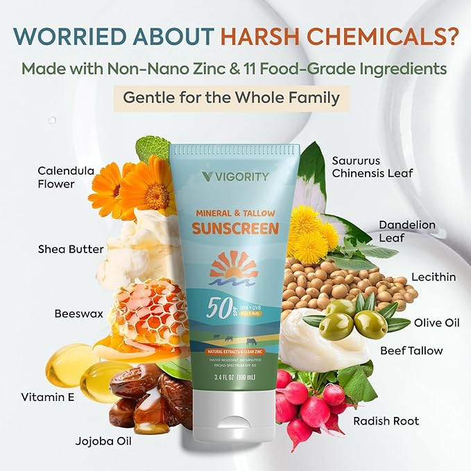 Vigority Tallow Sunscreen SPF 50 for Face & Body – Natural Grass-Fed Beef Tallow, Non-Nano Zinc Oxide – Moisturizing Mineral Sunblock, Non-Greasy & Non-Toxic, Reef Safe for Adults & Kids (3.4 oz)