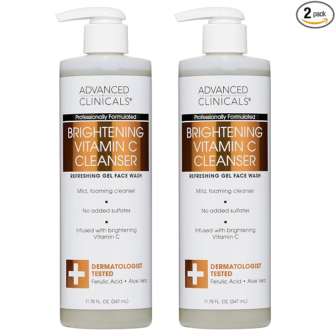 Advanced Clinicals Gentle Vitamin C Face Wash For Women & Men | Citrus Scented Gel Facial Cleanser Soap | Aloe Vera + Ferulic Acid Hydrating Foaming Wash For Cleansing Dirt & Oil, 11.75 Fl Oz, 2PC