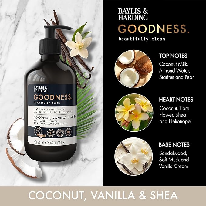 Baylis & Harding Goodness Coconut, Vanilla & Shea Hand Soap, 16.9 Fl.oz, Pack of 3 - Biodegradable Formula