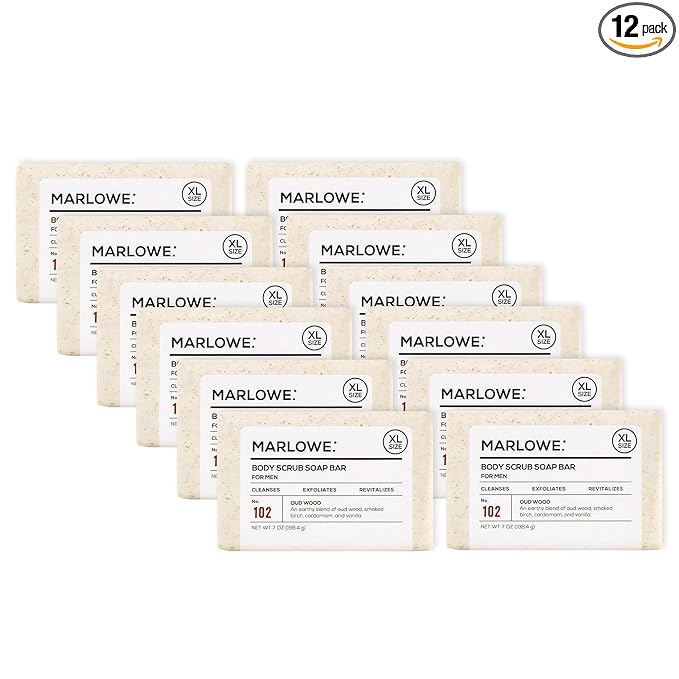 MARLOWE. No. 102 Body Scrub Soap 7 oz (12 Bars), Oud Wood, Exfoliating Soap Bar with Shea Butter, Olive Oil & Green Tea Extracts, Cleanses, Smooths & Revitalizes Skin, Earthy & Smoky Scent