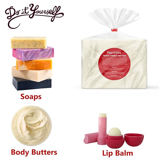 Plant Guru Triple Threat Body Butter 8 oz. - Blend of Shea, Mango & Coconut Oil - 100% Pure Natural Raw Unrefined Moisturizer For Dry Skin, Face And Hair. Great For Lip Balm and Soap Making