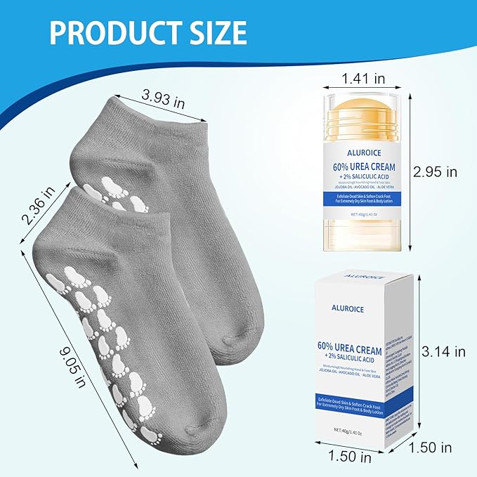 Silicone Moisturizing Socks with 60% Urea Cream- 2 in 1 Gel Socks & Urea Foot Cream for Dry Feet, Foot Care Moisturizing Socks for Dry Cracked Feet Women