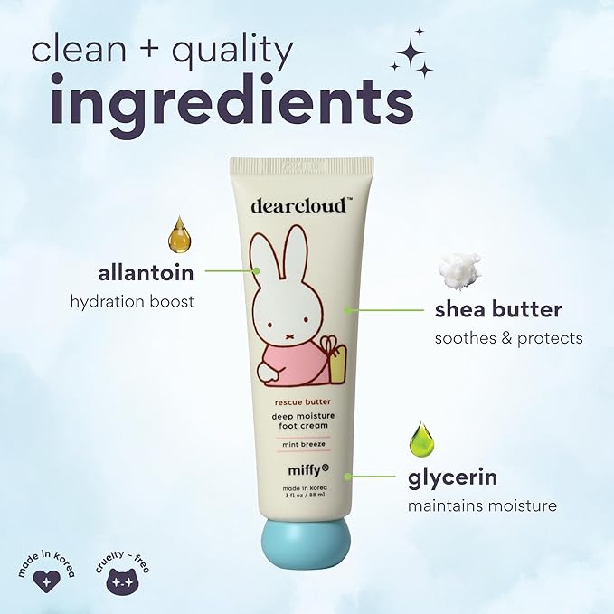 dearcloud Miffy Rescue Butter Foot Cream – Cracked Heel Repair Cream with Shea Butter, Urea, Peppermint Oil & Allantoin – Korean Foot Cream - 3 fl oz (Mint Breeze)