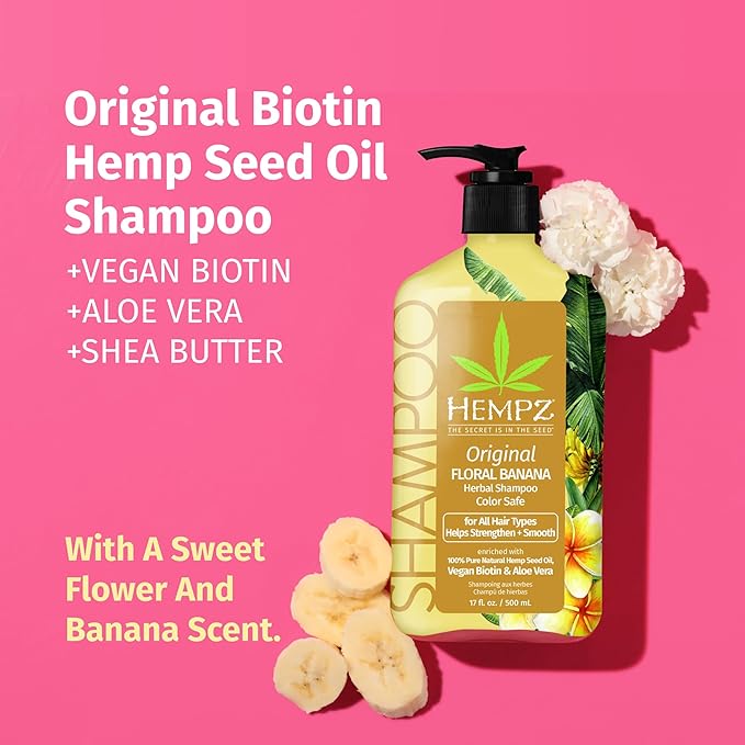 Hempz Biotin Hair Shampoo - Original Light Floral & Banana - For All Hair Types Growth & Strengthening of Dry, Damaged and Color Treated Hair, Hydrating, Softening, Moisturizing - 17 Fl OZ