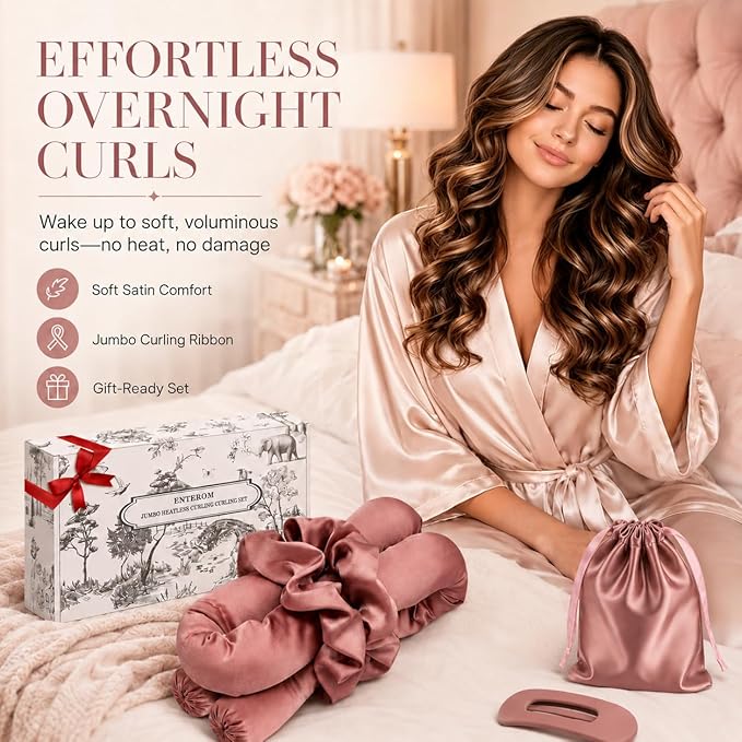 EnteromMuse Jumbo Heatless Curls Overnight Heatless Hair Curler – Oversized Heatless Curling Rod, No Heat Damage Hair Curler for Voluminous Curls, Heatless Rollers & Curls Set with Satin Fabric