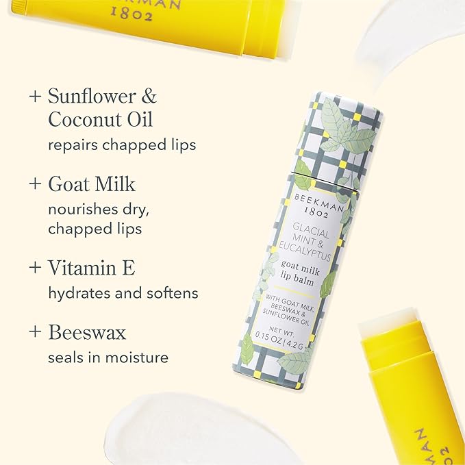 Beekman 1802 Goat Milk Lip Balm – Moisturizing Lip Balm for Dry, Chapped Lips – Sensitive Skin Safe – Glacial Mint & Eucalyptus – 0.15 oz (Pack of 3)