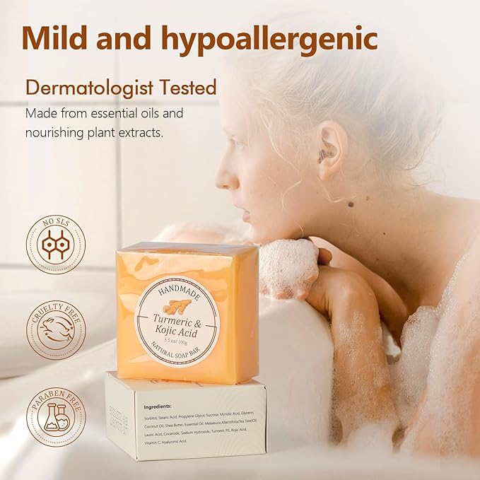 Kojic Acid Turmeric Soap Bar, Dark Spot Remover for Face & Body, Turmeric Soap to Fade Dark Spots, Even Skin Tone Brightening Soap with Vitamin C & Tea Tree Oil for Acne Scars, 2 Bars