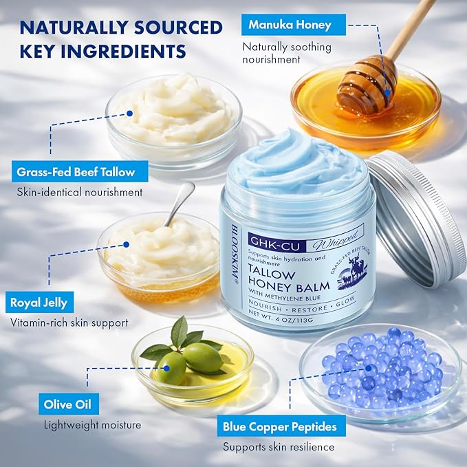 Copper Peptide GHK-Cu Beef Tallow: Grass-Fed Blue Balm for Mature Skin - Face and Body Moisturizer with Methylene Blue, Manuka Honey & Vitamin E – Natural Skincare for Dry & Sensitive Skin – 4 oz