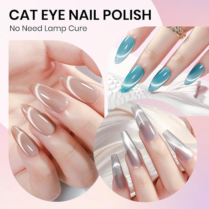 Cat Eye Nail Polish Non Gel, Quick Dry Magnetic Nail Polish Set with Magnet, Candy Cateye Nail Lacquer High Glossy DIY Salon Gift for Women Girl