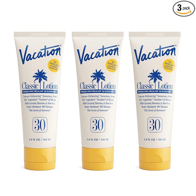 Vacation Classic Sunscreen Lotion SPF 30, Water-Resistant, Lightweight, Transparent on All Skin Tones, Dermatologist-Tested, Vegan, Travel Size, 3.4 Fl. Oz. (Value Pack of 3)