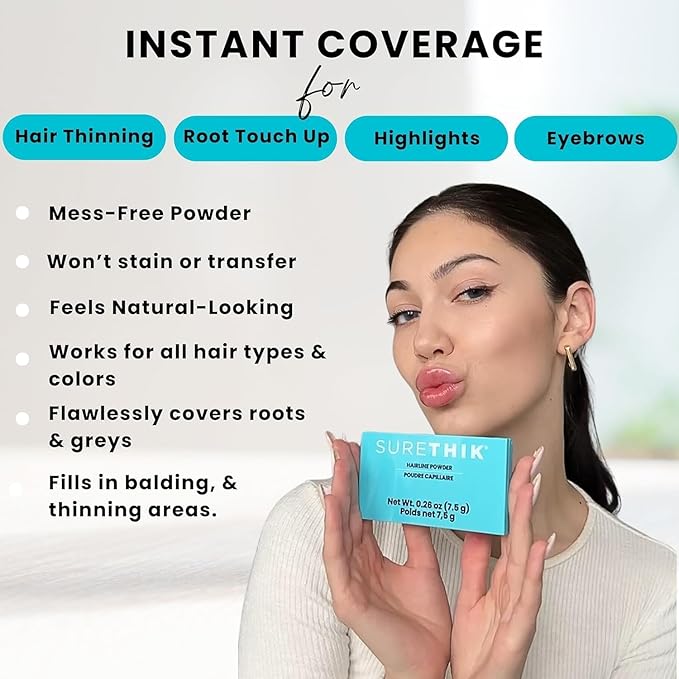 SURETHIK 4-in-1 Premium Hairline Powder Kit - Conceal Thinning Hair, Root Touch-Up, Highlight Refresher & Eyebrow Enhancer for Men and Women (Black)