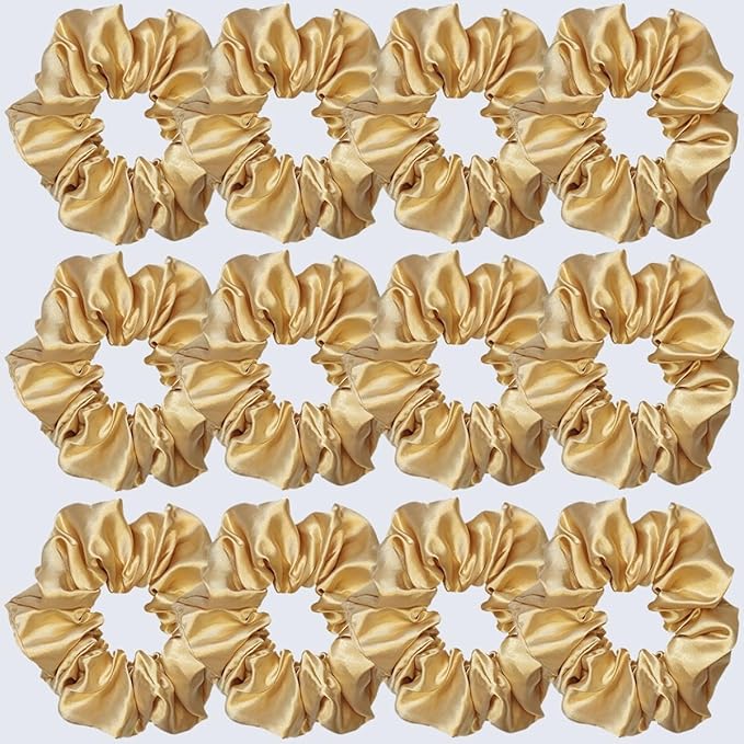 12 Pcs Satin Silk Scrunchies and Hair Accessories - Soft Ties, Fashion Bands, Bows, Ropes, Elastic Bracelets, Ponytail Holders for Women and Girls (4.5 Inch, Dark Gold)