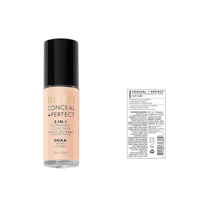 Milani Conceal + Perfect 2-in-1 Foundation + Concealer for a Flawless Complexion, Under Eye Corrector, Cover Redness and Imperfections, Waterproof and Sweatproof - 00AA-Ivory