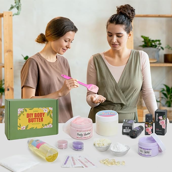 JUYRLE Body Butter Making Kit- Shea Butter Lotion Making Kit, DIY Crafts for Adults with Organic Shea Butter, Sweet Almond Oil, Mica Powder, Natural Whipped Body Butter Maker Skin Care Gifts for Women