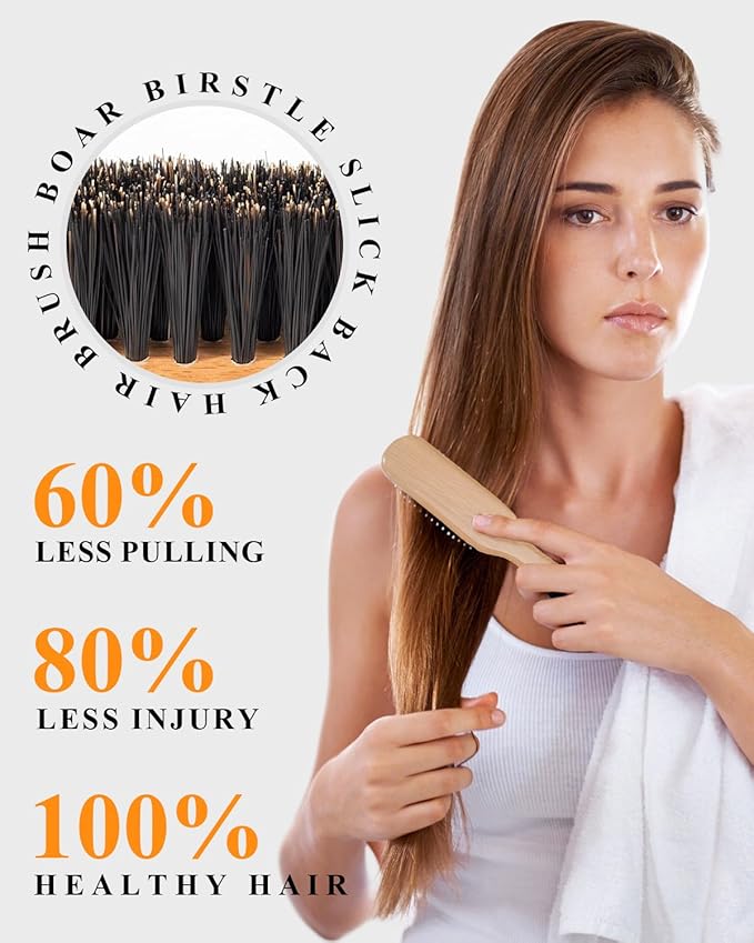 100% Boar Bristle Slick Back Hair Brush | Natural Peach Wood Handle | Restores Shine, Controls Frizz, Smooths Flyaways | Teasing Adds Volume Styling Tool | For Sleek Ponytails, Buns & Beard Grooming
