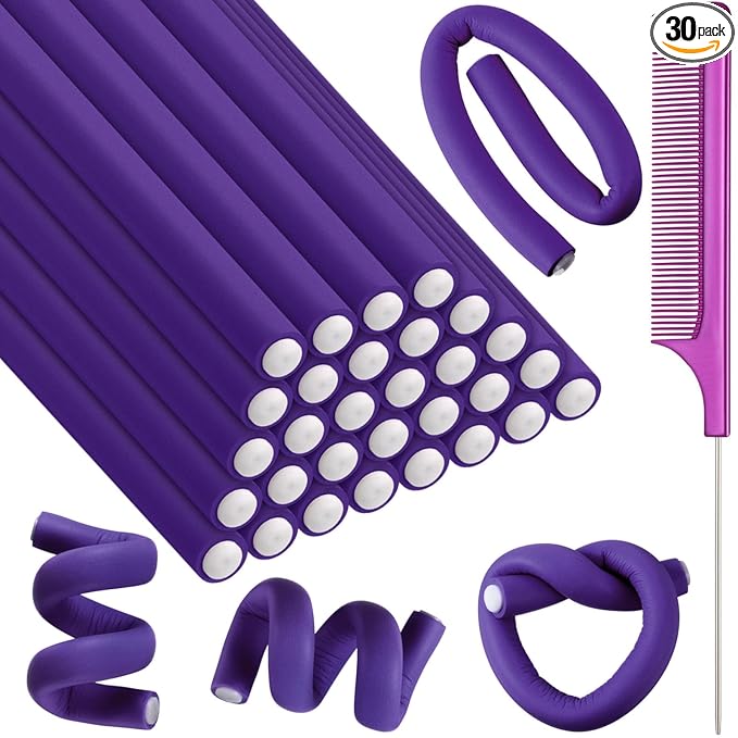 Syhood 30 Pcs 7'' Flexible Curling Rods Twist Foam Hair Rollers Soft Foam No Heat Hair Rods Rollers and 1 Steel Pintail Comb Rat Tail Comb for Women Long Short Hair(Purple,7 x 0.47 Inch)
