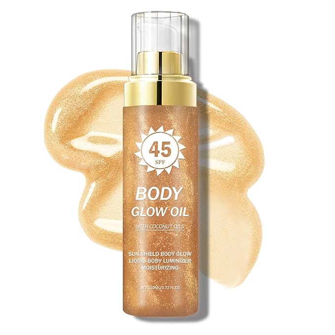 Glitter Sunscreen Oil with Coconut,SPF 45 Broad Spectrum,Body Shimmer Oil with Gold Mica,Lightweight Non-Sticky,Water Resistant,Glowing Results,3.72 fl oz,AMBER