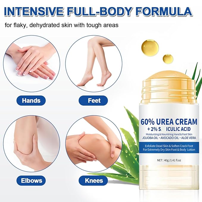 NovaCharm 2PCS Urea Cream 60 Percent for Feet, Maximum Strength Urea Foot Cream Stick, Foot Moisturizer Lotion for Cracked Heels, Dry Hands & Rough Knees (1.4Ounce(Pack of 2), Aloe Vera)