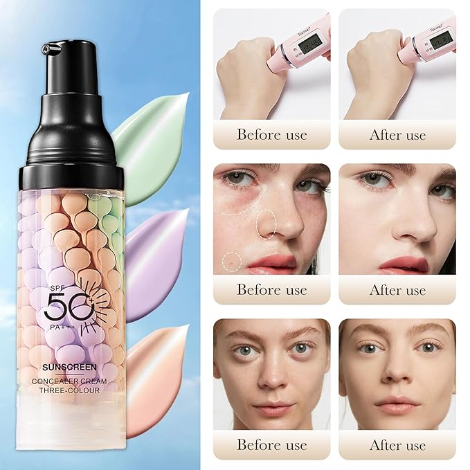 3 In 1 Primer for Face Before Makeup, Sunscreen Isolation Cream Face Tinted Moisturizer, SPF 50,One Step Color Corrector, Makeup Primer Oil Control & Concealer Skin Tone Correcting,Mothers Day Gifts