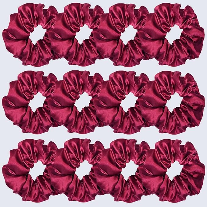 12 Pcs Satin Silk Scrunchies Soft Hair Ties Fashion Hair Bands Bow Ropes Elastic Bracelet Ponytail Holders for Women and Girls (4.5 Inch, Wine Red)