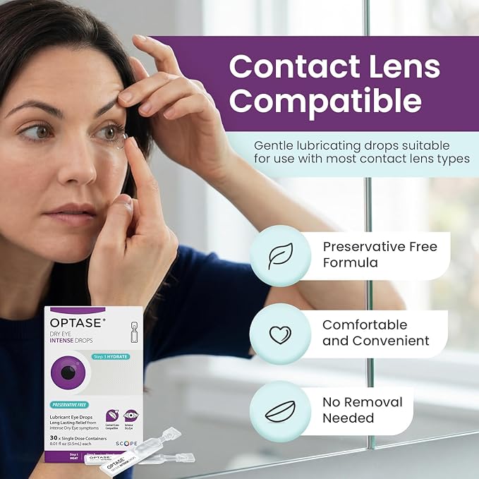 Optase Dry Eye Intense Drops, 30 Single Dose Vials – Preservative Free Eye Drops for Dry Eyes – Moderate to Severe Artificial Tears - Contact Lens Compatible - .01 fl oz per Vial