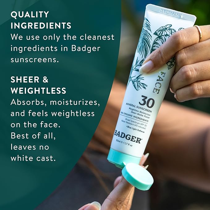 Badger Zinc Oxide Face Sunscreen SPF 30, Lightweight Mineral Sunscreen for Face, Matte Finish, No White Cast, Vegan, Water Resistant, Unscented, Mineral Sunblock Facial Lotion, 1.7 fl oz, 2-Pack
