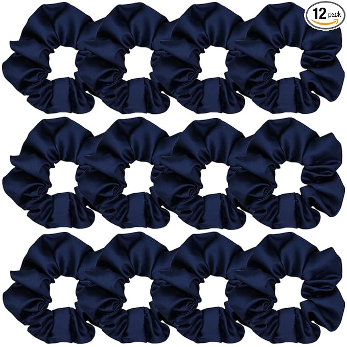 12 Pcs Satin Silk Scrunchies Soft Hair Ties Fashion Hair Bands Bow Ropes Elastics Ponytail Holders Accessories for Women and Girls (4.3 Inch, Navy Blue)