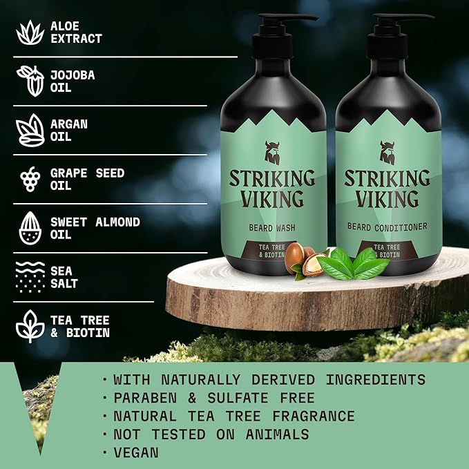Striking Viking Beard Wash and Conditioner (Tea Tree & Biotin) - Paraben & Sulfate Free Cleansing Care for All Beard Types (10oz Per Bottle)