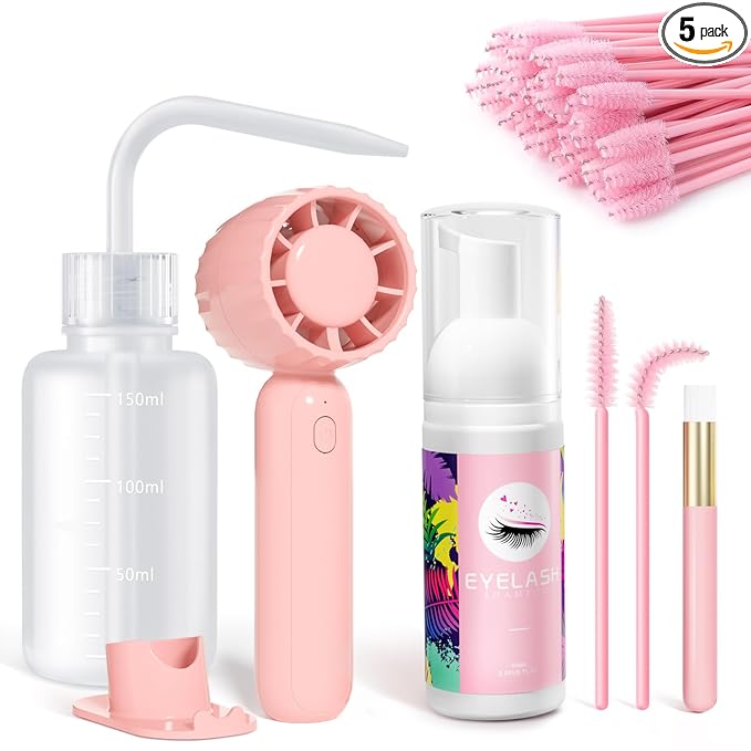 Buqikma Lash Cleaning Kit - Lash Shampoo Kit 60ML with Rechargeable Handheld Fan Dryer, Mascara Brush, Rinse Bottle, Makeup Cleansing Foam for Eyelash Extension Care, Pink