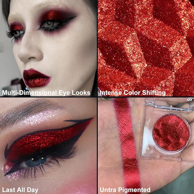 DE’LANCI Chameleon Red Glitter Eyeshadow Highly Pigmented, Single Metallic Glitter Eye Shadow Palette Intense Color Shifting, Chrome True Red Shimmery Glitter Eyes Warm Goth Smoky Makeup