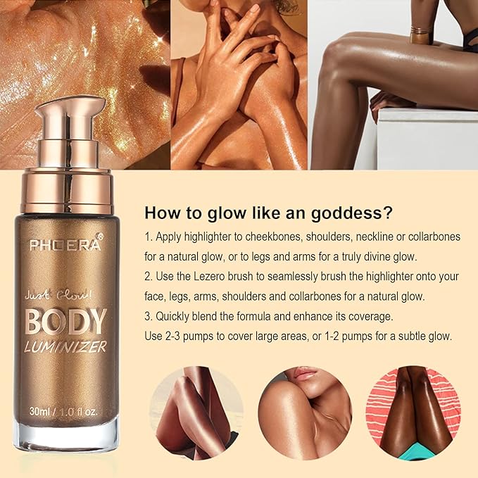 Body Shimmer Oil, Glistening Bronze Natural Glow Luminizer, Long Lasting Moisturizing Liquid Illuminator Highlighter Makeup for a Sun-Kissed Glow, Brush Include, 1oz, Medium