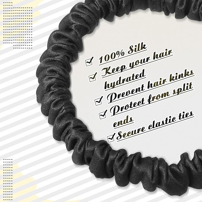 Chuangdi 9 Pieces 100% Mulberry Silk Scrunchies for Long Hair Silk Hair Ties Scrunchies for Women Girls Elastic Ponytail Holders with Gift Box(Classic Style,Black)