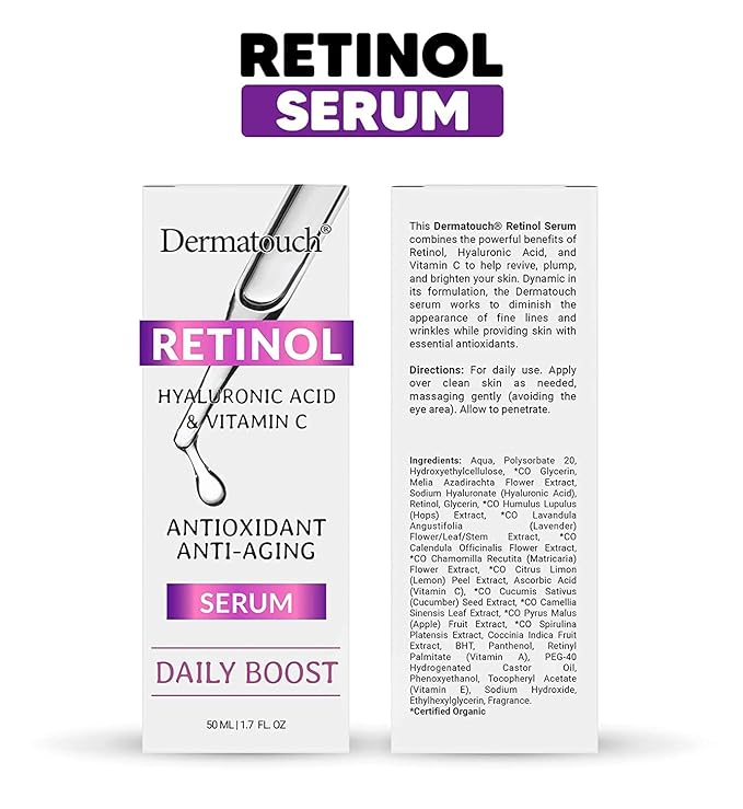 Dermatouch Retinol Serum With Hyaluronic Acid, Vitamin C & E, and Green Tea, Nourishing Daily Face Serum With Vitamins and Antioxidants, Clean Skin Care, Vegan, Gluten Free, Made in USA, 1.7 Fl Oz