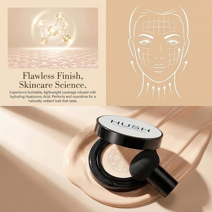 Hush makeup foundation - Glow makeup foundation for older women warm - Infused Lightweight Foundation cushion with Mushroom Applicator for Mature Skin, Hyaluronic Acid & Peptides, Natural Coverage
